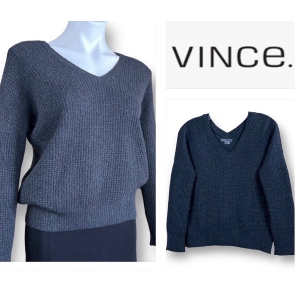 Vince Double V Neck‎ Waffle Weave Wool Cashmere Drop Shoulder Blue Sweater Sz L